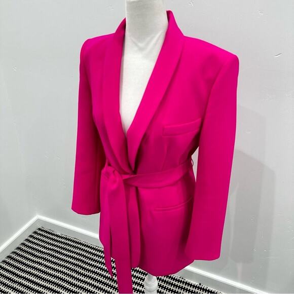Zara Set Pink Tuxedo Collar Tie Waist Blazer and Flowy Pants. Blogger Fav - Picture 8 of 16